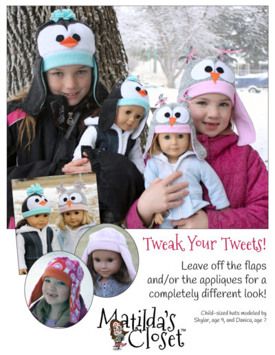 Tweets for Two Fleece Hats for Dolls and Kids sewing pattern for 18-inch dolls such as American Girl™