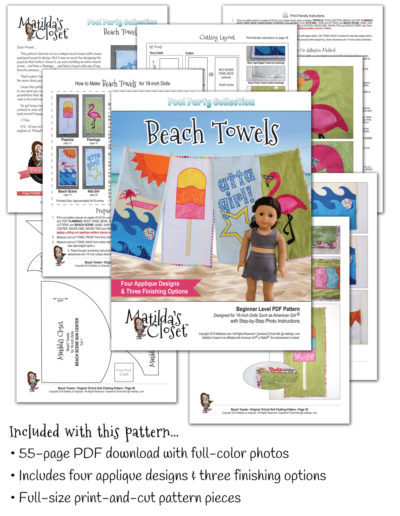 Free applique beach towel sewing pattern for 18-inch dolls such as American Girl™