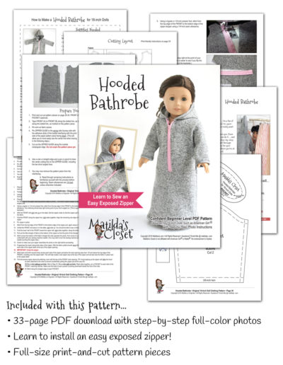 Hooded bathrobe sewing pattern for 18-inch dolls such as American Girl™