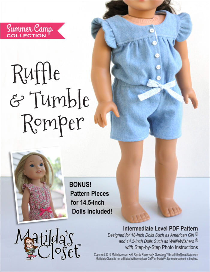 Summer Camp Collection: Ruffle & Tumble Romper sewing pattern for 18-inch dolls such as American Girl™ and 14.5-inch dolls such as WellieWishers™