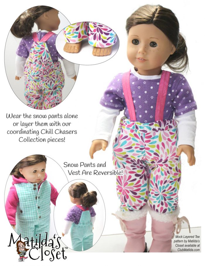 Reversible snow pants doll sewing pattern for 18-inch dolls such as American Girl™