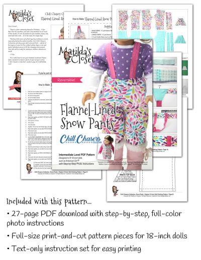 Reversible snow pants doll sewing pattern for 18-inch dolls such as American Girl™